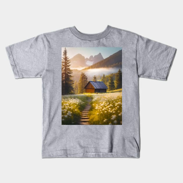 cottage in the fir forest Kids T-Shirt by psychoshadow